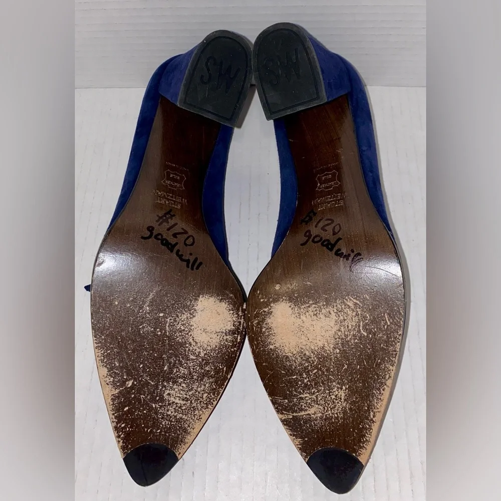 Stuart Weitzman Navy Blue Suede Tassel Block Heel Pumps
